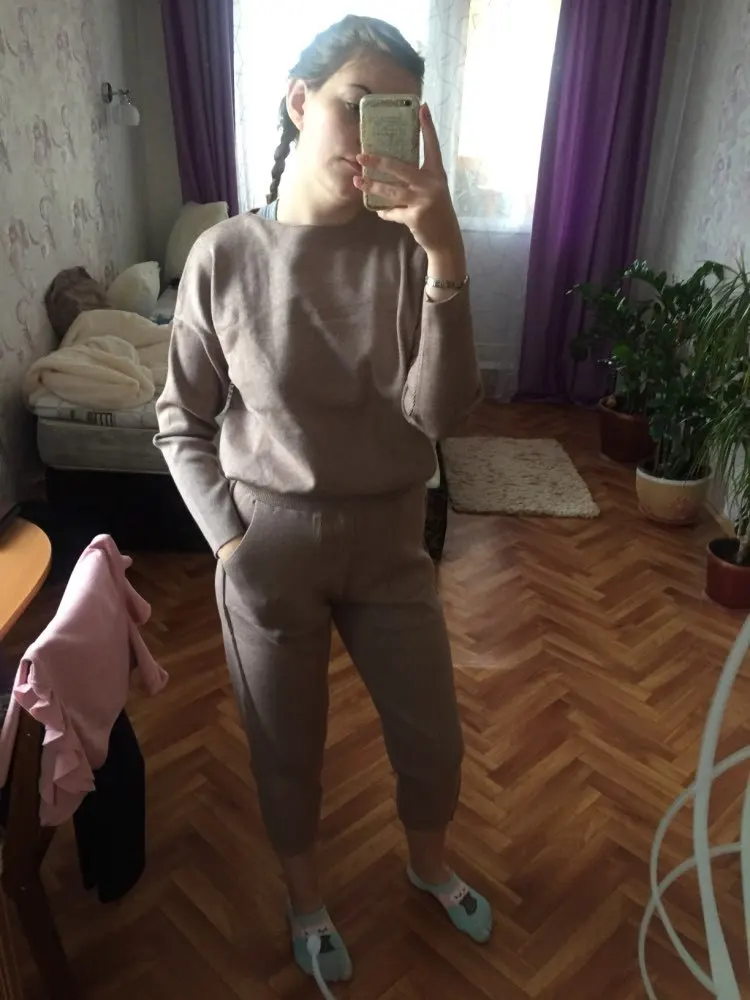 Новые женские осенние трикотажные брюки спортивный костюм комплект из 2 предметов пуловер Топ+ широкие брюки комплект из двух предметов вязаные толстовки костюм