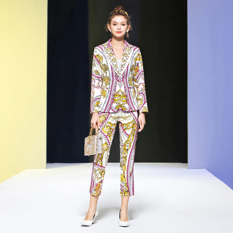 

Designer Autumn New Workplace Lapel Suit Tops Casual Slim Trousers Vintage Elegant Chic Women'S Print Two Piece Set