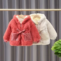 kids autumn winter coat solid color bowknot long sleeve zipper hooded jacket girls back wing decoration thickened woolen coat