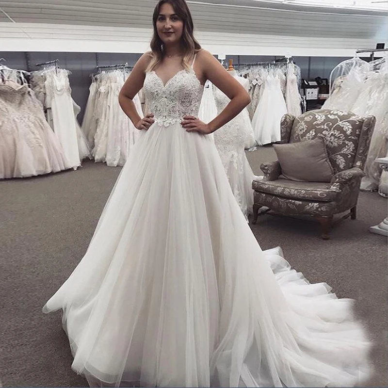

A-line V Neck Spaghetti Straps Wedding Dress Sleeveless Appliques Lace Floor Length Vestido De Novia Robe De Mariee Backless
