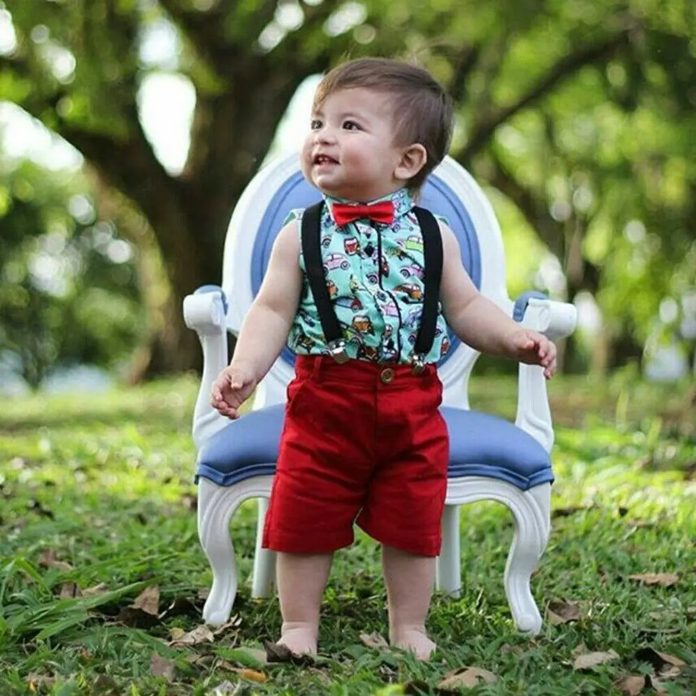 2PCS Kids Baby Boy Gentleman Clothes Cartoon Car Tops Shorts Outfits Set Summer |