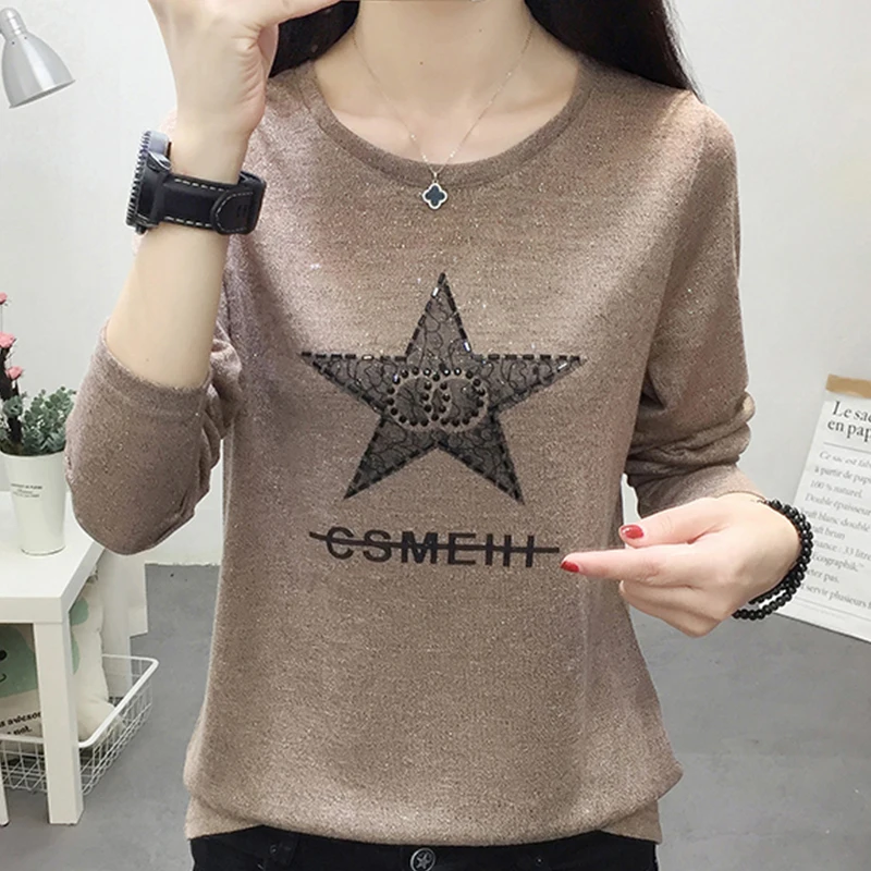 Shintimes 2020 Осенняя корейская мода футболка винтажная женская со стразами с