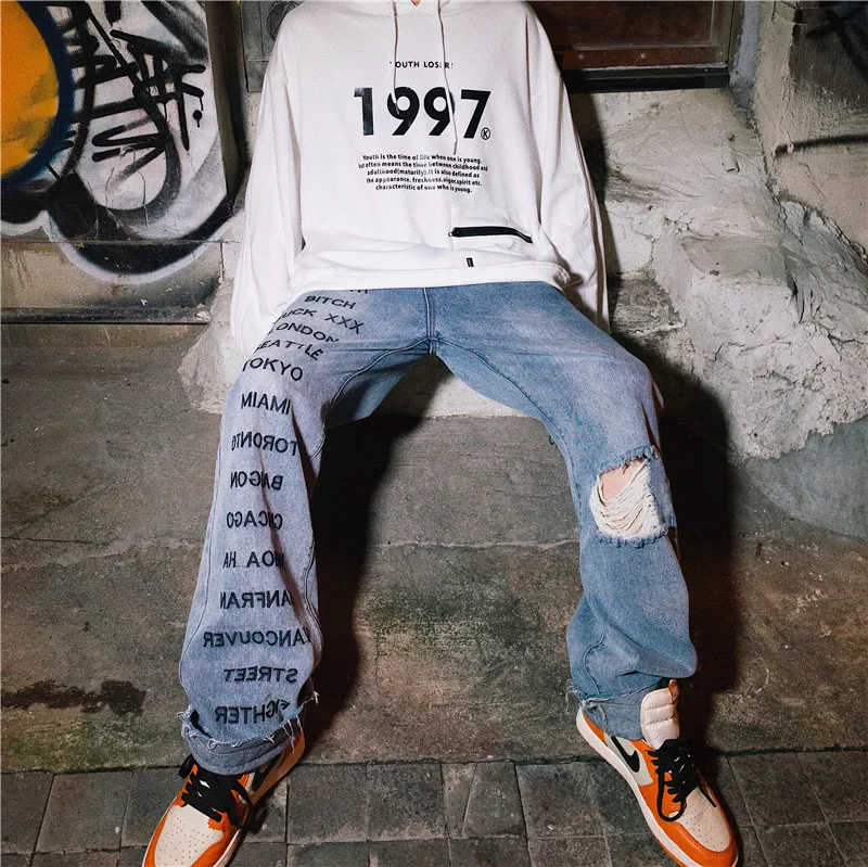 UNCLEDONJM рваные джинсы для мужчин с буквенным принтом джинсовые штаны стрейчевые
