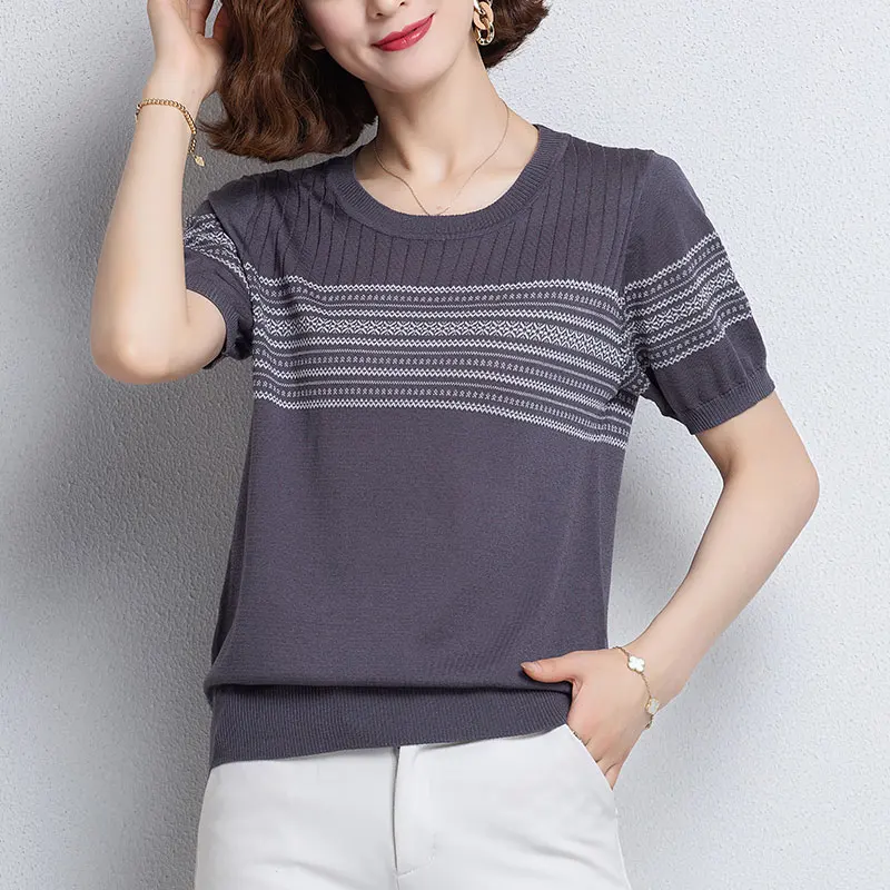 

Short sleeve T-shirt girl summer ice silk knitwear middle-aged mother thin striped blouse noble small unlined upper garment