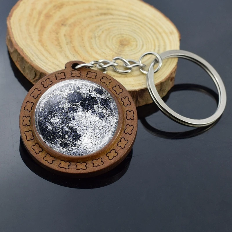 Деревянный брелок Moon Earth Sun для ключей стеклянный кабошон с подвеской из дерева