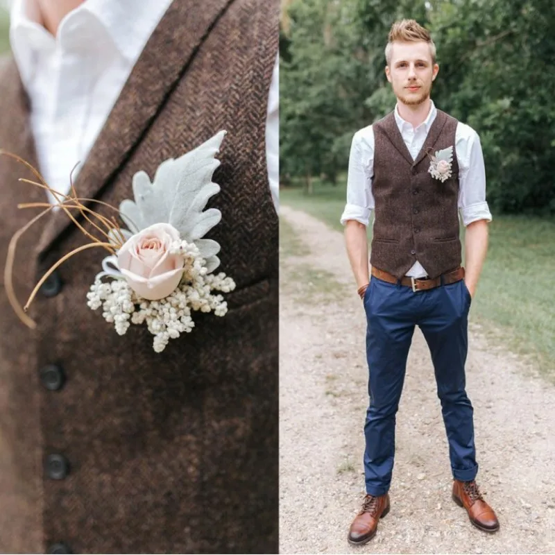 

Cheap Country Farm Wedding Brown Wool Herringbone Tweed Vests Custom Made Groom Vest Slim Fit Mens Suit Vest Wedding Waistcoat