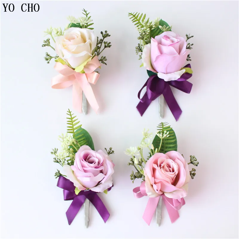 

YO CHO Bride Wedding Wrist Corsage Bridesmaids Bracelet Silk Rose Flowers Pink Groom Boutonniere Men Wedding Corsage Accessories