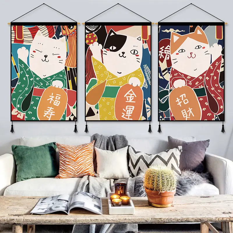

Japan Style Fortune Cat Wall Paintings Sakura Scroll Painting Room Decor Aesthetic Tapestry Art Living Room Bedroom Decal Poster