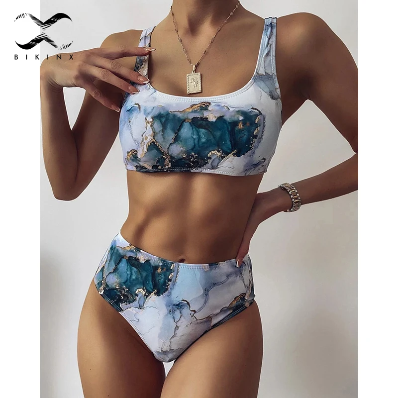 Женский купальник-бандо с эффектом пуш-ап мраморным принтом высокой талией 2021 |