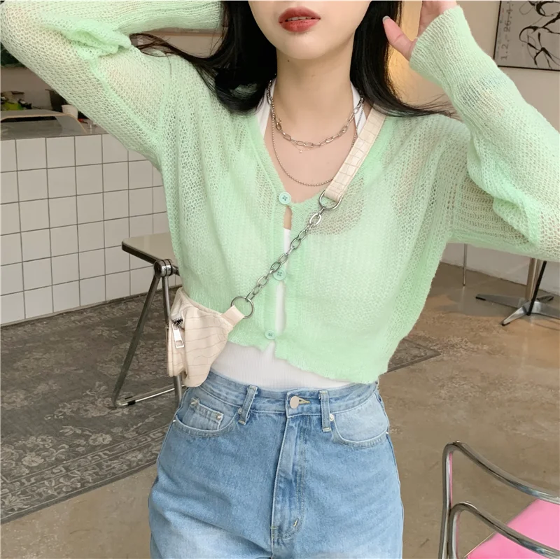 

Candy Color Knitted Cardigan for Women Thin Sweater Coat 2021 New Spring and Autumn Western Style V-neck Short Sun Protection