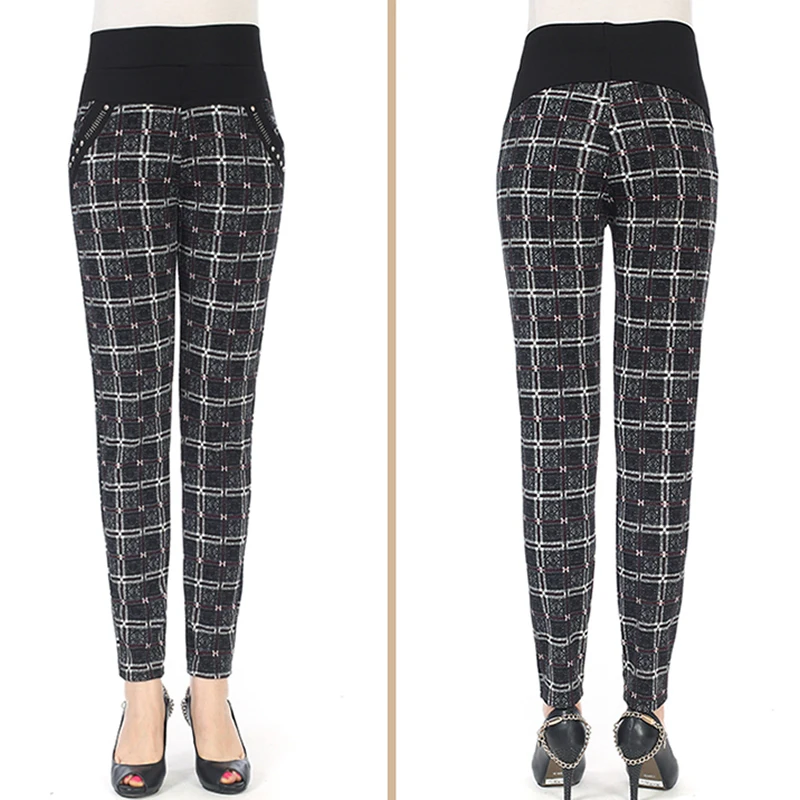 Женские брюки карандаш в клетку теплые бархатные облегающие с высокой талией