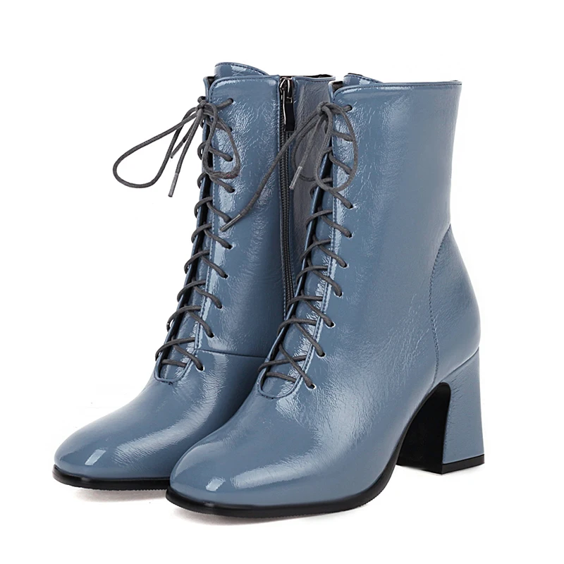 

Lucyever/женские ботильоны размера плюс 34-44 модная Осенняя обувь на высоком каблуке с перекрестными ремешками женские полусапожки из лакирован...