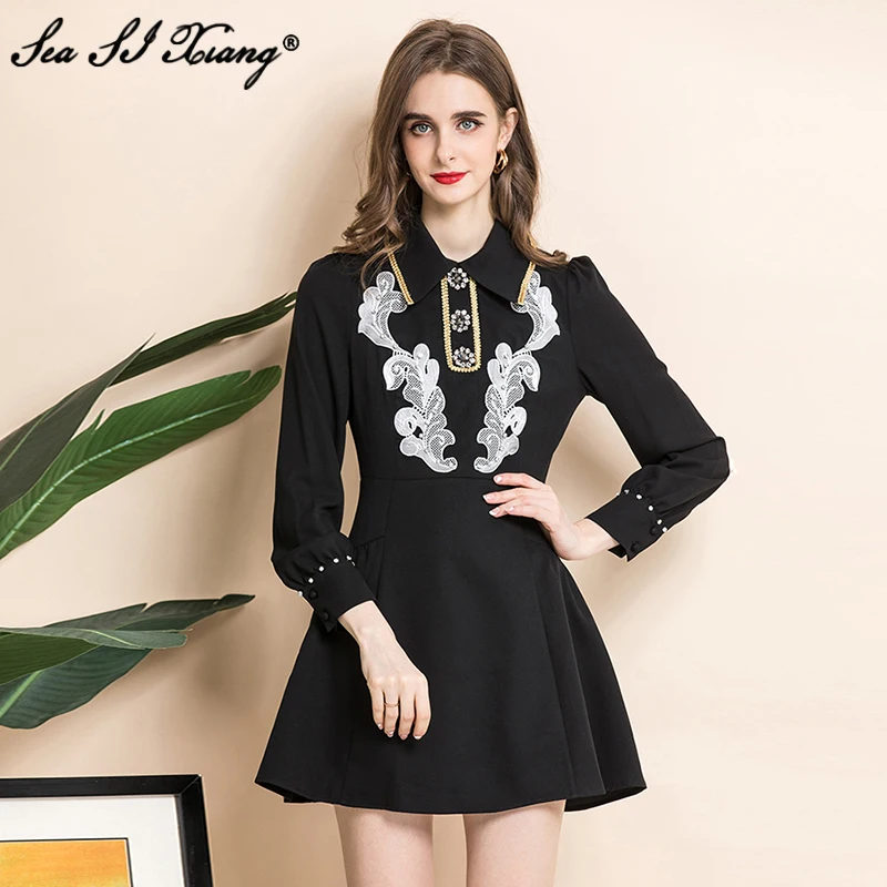 

Seasixiang Fashion Designer Summer Dress Women Turn-down Collar Beading Long Sleeve Crystal Button Black Mini Dresses