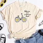 Футболка женская с круглым вырезом, винтажный топ с коротким рукавом, с принтом маргаритки и велосипеда, Однотонная рубашка в Корейском стиле