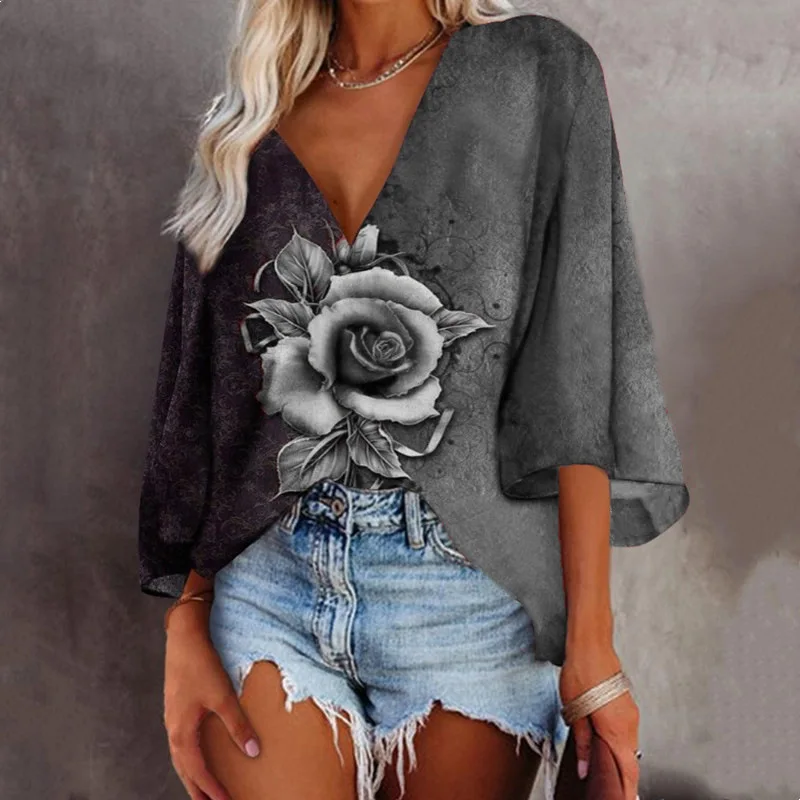 

3/4 Sleeve Floral Print V Neck T Shirt Blouse Women Autumn Summer Casual Loose Plus Size Fashion Shirt Sexy Elegant Clothes Tops