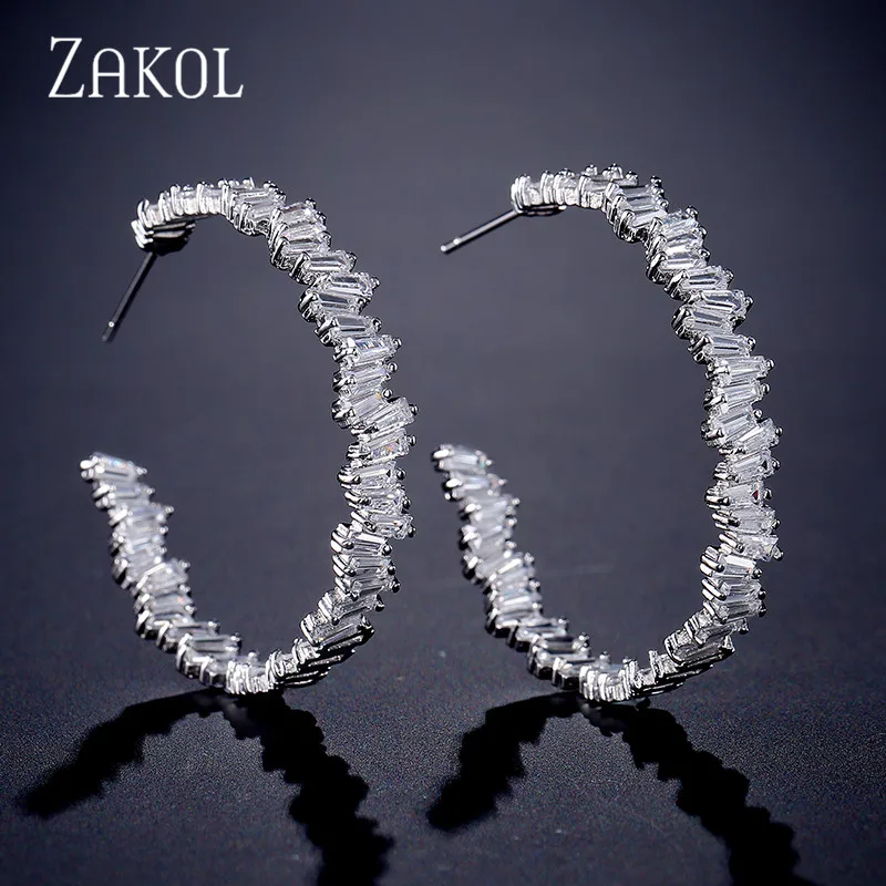 Sliver Color ZAKOL Роскошные багет Мода AAA кубического циркония T обруч с камнем Серьги для женщин аксессуары FSEP2254 - Окраска металла: Sliver Color