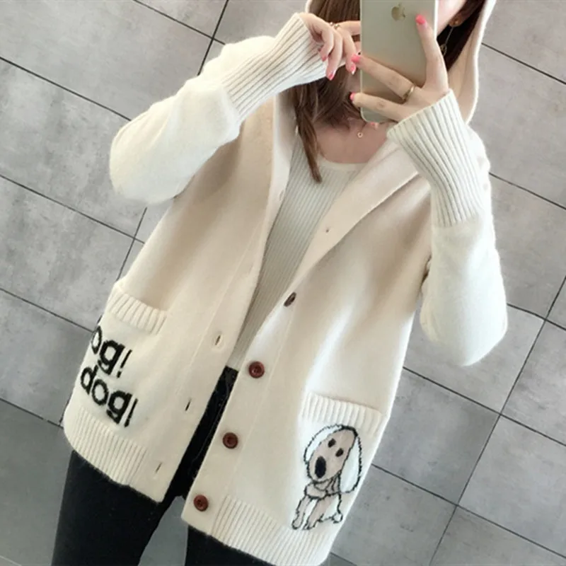 

2019 Women's Cardigan Knit Sweater Autumn and Winter Casual Style Puppy Embroidered Cardigan Sweater