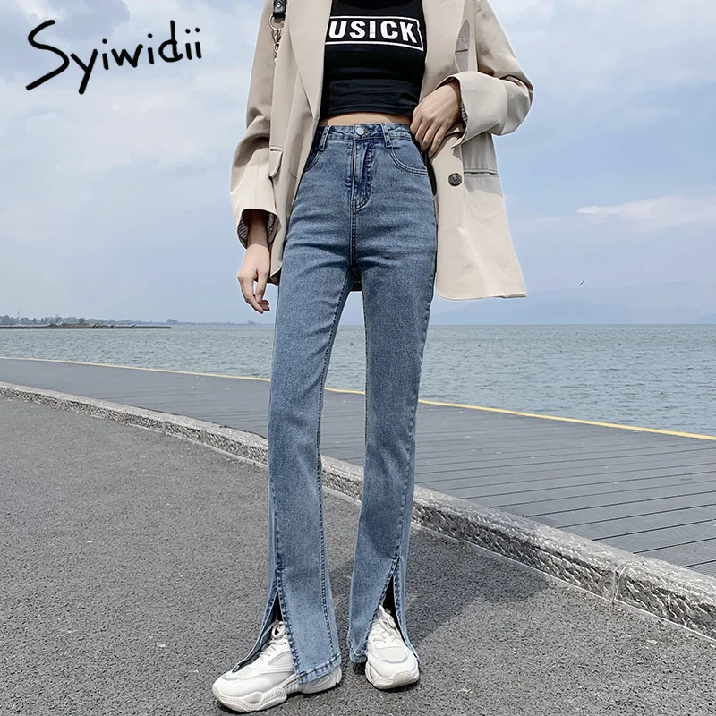 

Syiwidii Stretch Flare Jeans Women Slit Leg Denim Pants Vintage Streetwear Fashion Clothes High Waisted Full Length Spandex 2021