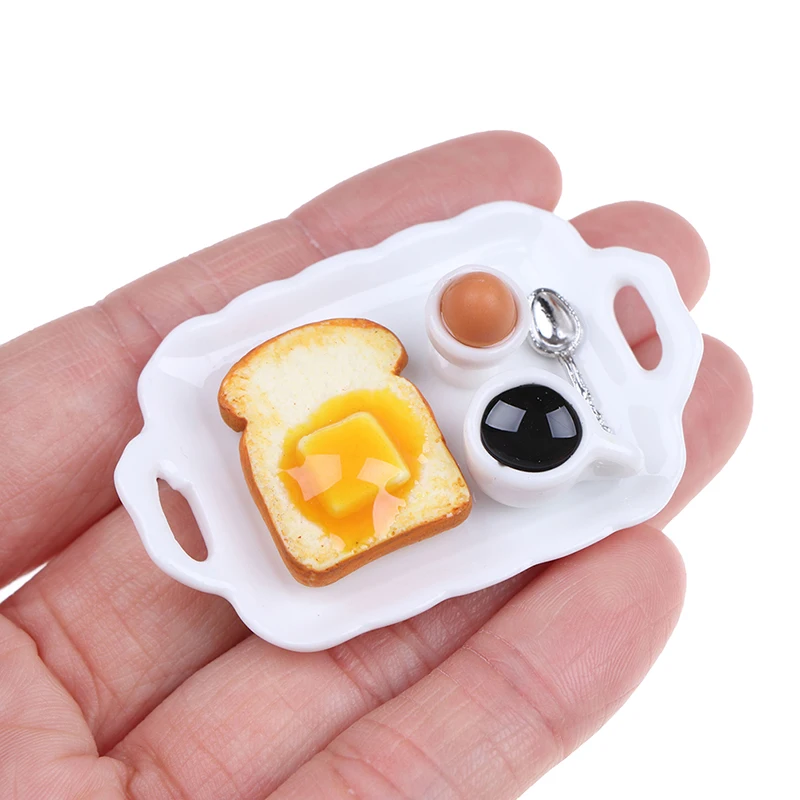 

1:12 Miniature Breakfast Set Hamburger Croissant Toast Egg Coffee with Tray Dollhouse Kitchen Food Accessories