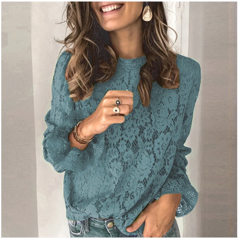 2022 Women's Spring Autumn Fashion Round Neck Trumpet Sleeve Long-Sleeved Lace Shirt Casual Hook Flower Hollow Casual Loose Tops