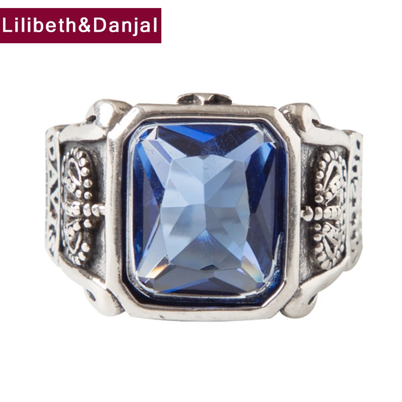 

Винтаж корона с большим камнем первоначального палец кольцо из чистого серебра 925 пробы серебро инкрустированные синий корунд Панк ювелирн...