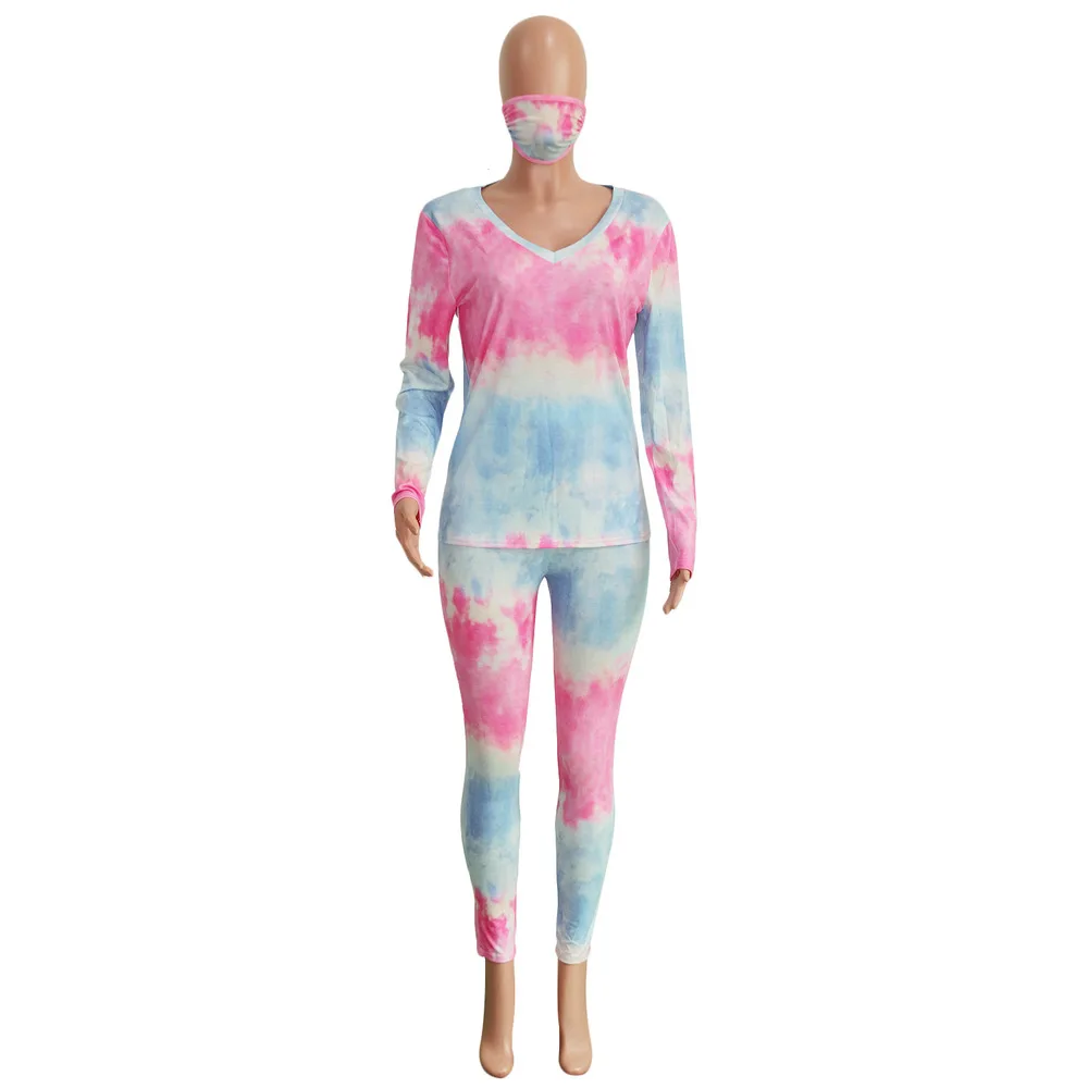 

Tie Dyeing Galaxy Print V-neck Long Sleeve Tshirts+sporty Jogger Legging+with Mask Casual Sport Sweatsuit Slim Fitness Tracksuit