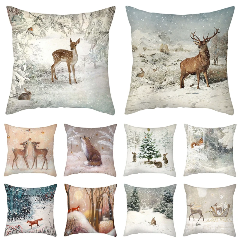 

DIY Short Plush Pillowcases Merry Christmas Pillow Case Xmas Deer In Snow Forest Picture Cushion Cover For Home Sofa Decor