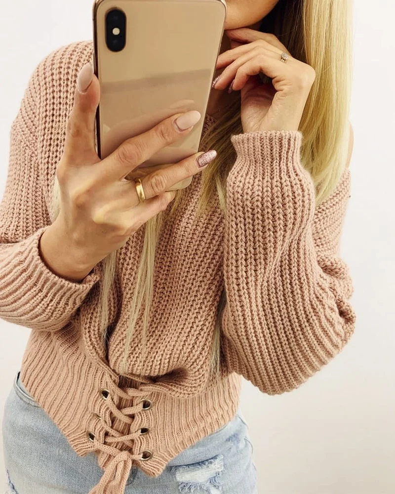 

Женские свитера 2021 в европейском и американском стиле свитер на шнуровке с ушками вязаный свитер с длинными рукавами и спущенными плечами