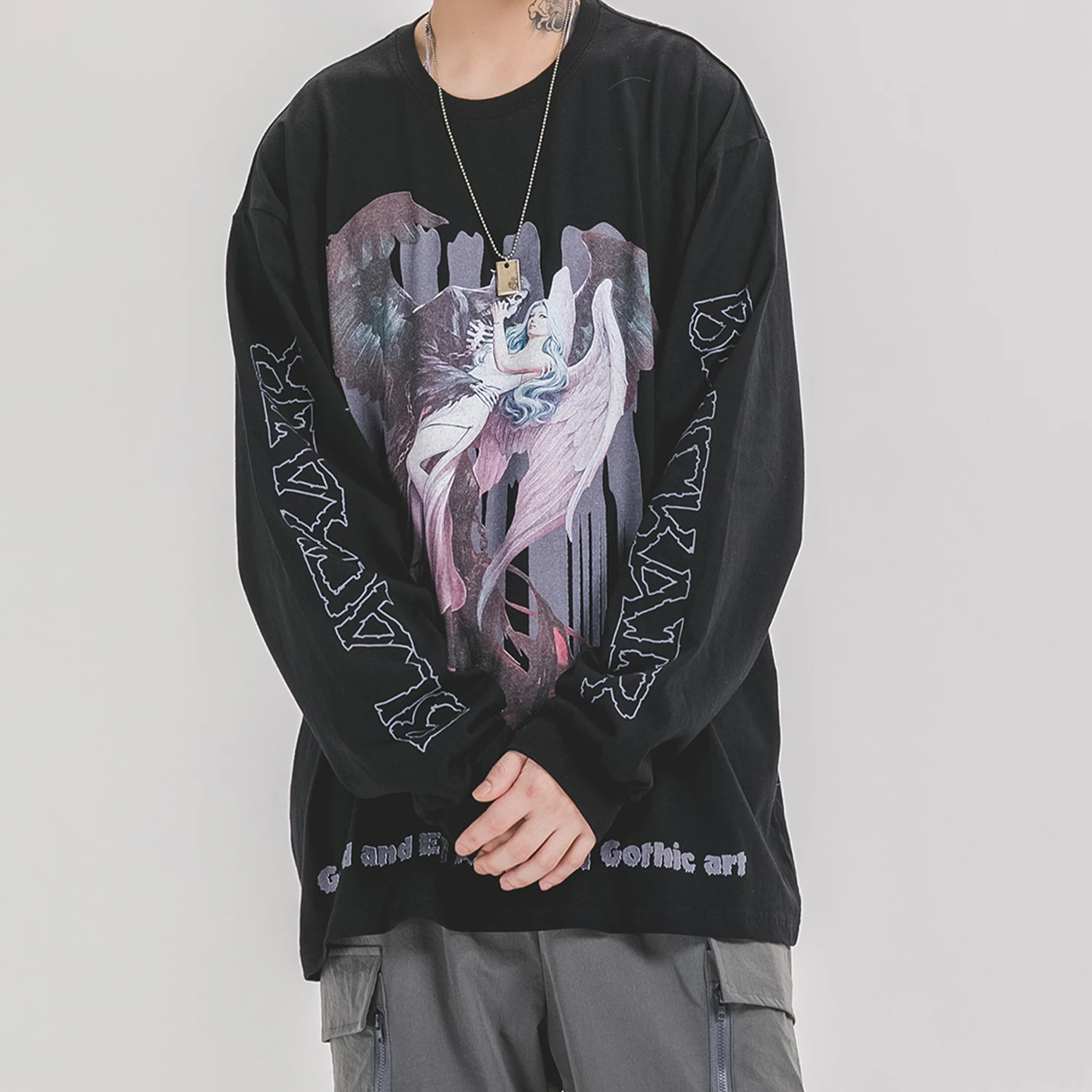 Мужской хлопковый свитшот с принтом дьявола и ангела Черный Повседневный