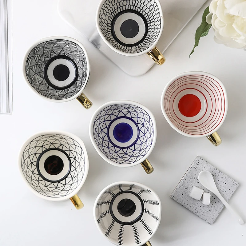 

Чайная чашка и блюдца, ручная роспись, геометрические керамические кружки с золотой ручкой, нестандартные чашки ручной работы для кофе, чая,...