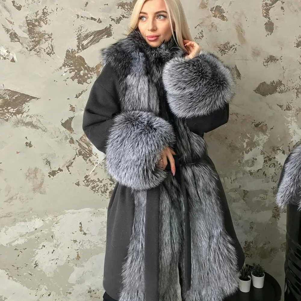 Женское пальто с лисьим мехом осенне-зимние элегантные однотонные пальто женская верхняя одежда шерстяная теплая тонкая куртка горячая распродажа
