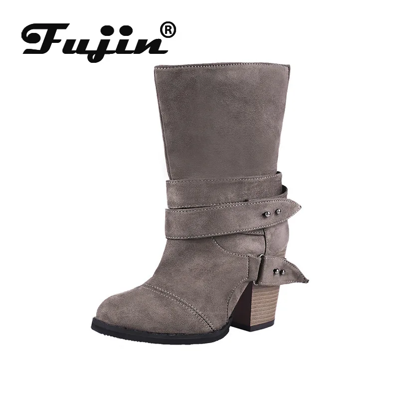 Женские ботинки до середины икры Fujin Винтажные с ремешком и пряжкой на толстом