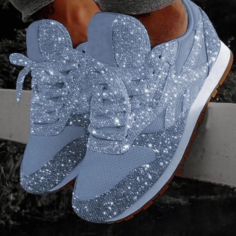 

Women Flat Glitter Sneakers Casual Female Mesh Lace Up Bling Platform Comfortable Plus Size Vulcanized Shoes 2021 Soft Knitting