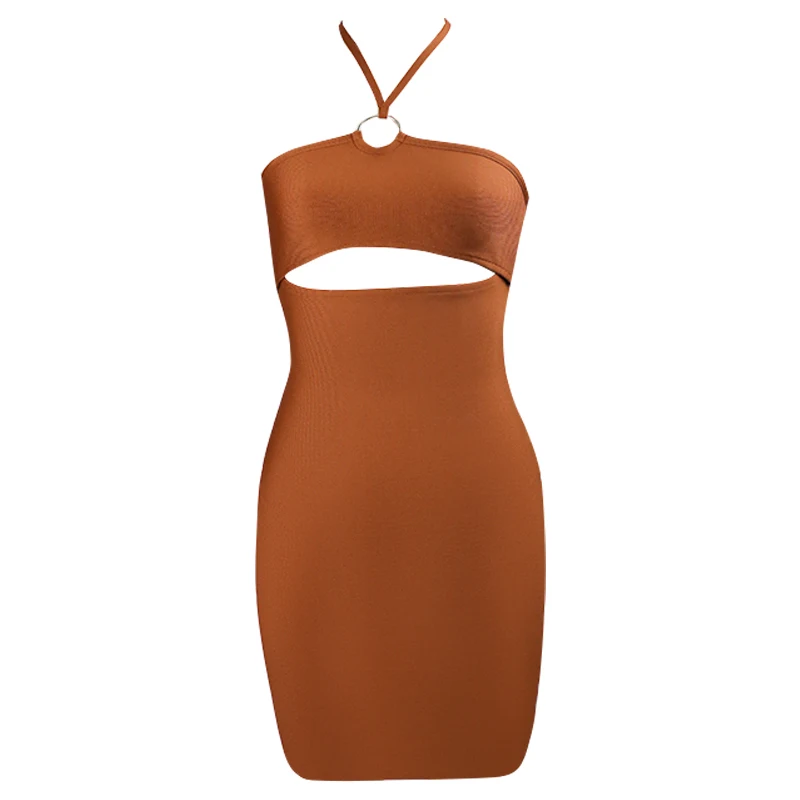 

High Quality Brown Sexy Winter Halter Slim Bandage Dress Women Celebrity Party Club Vestido Mini Length Hollow Out Dress Bodycon