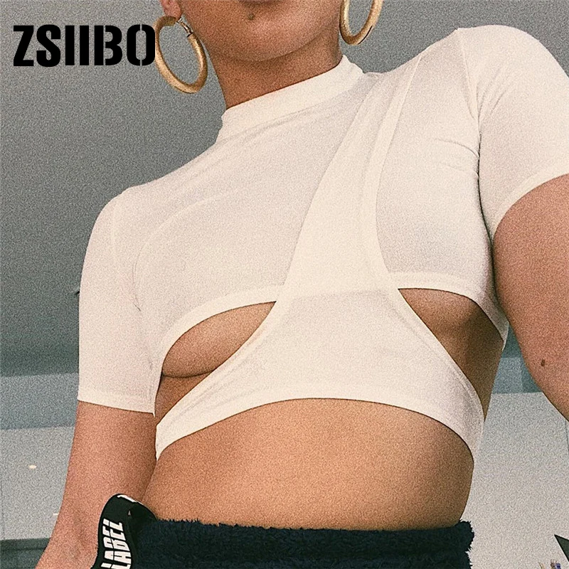 

hollow short casual T-shirt cropped clothes y2k Women's striped top sexy solid color black white O-neck short-sleeved T-shirt