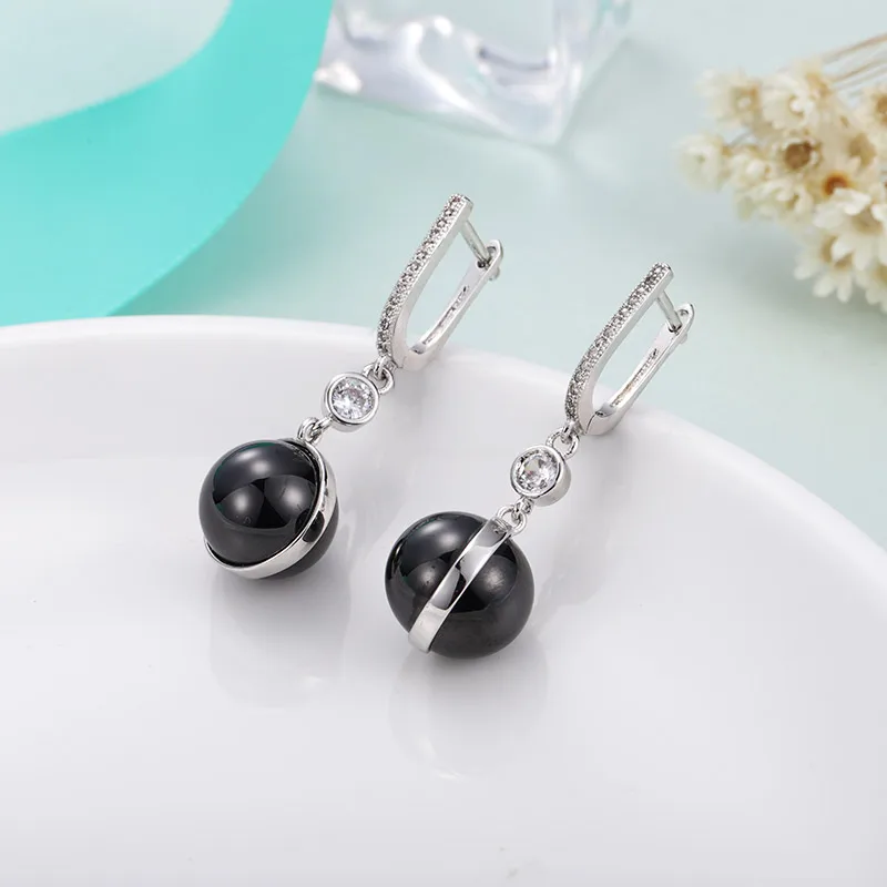 silver black MAIKALE классические черные белые керамические шаровые серьги, проложенные круглый, кубический цирконий, золото, серебро цвет, длинные висячие серьги для женщин, подарок - Окраска металла: silver black