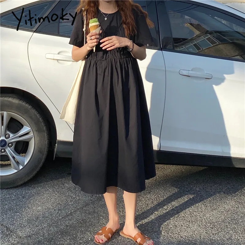 

Yitimoky Vintage Folds High Waist Maxi Dress for Women 2021 Puff Short Sleeve O-Neck Unicolor Loose Summer Clothes Korean Black