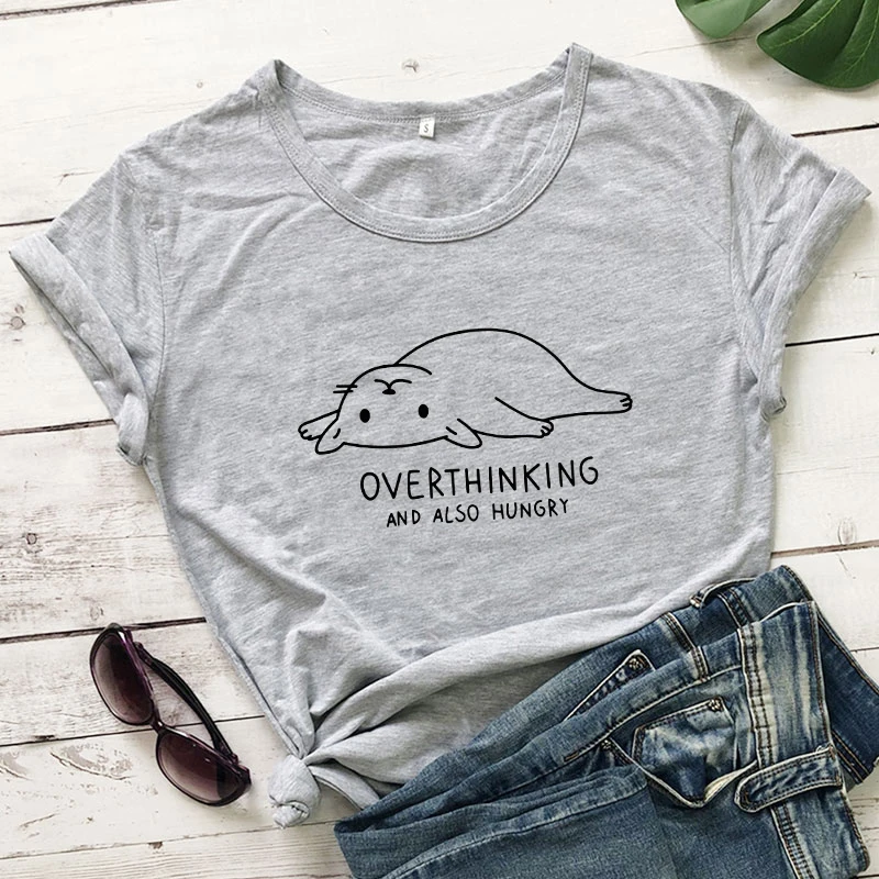 gray-black text Overthinking и также голод принт с милой кошкой Футболка женская Tumblr с графикой для хипстеров повседневные футболки топы летние Harajuku Забавные футболки - Цвет: gray-black text