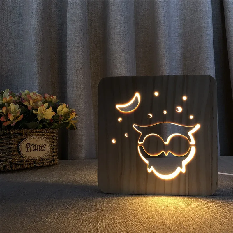 Owl Animal Table Lamp Wooden 3D Lights Solid Wood Hollow Carved Ambience Light Christmas Lights  Party Decoration