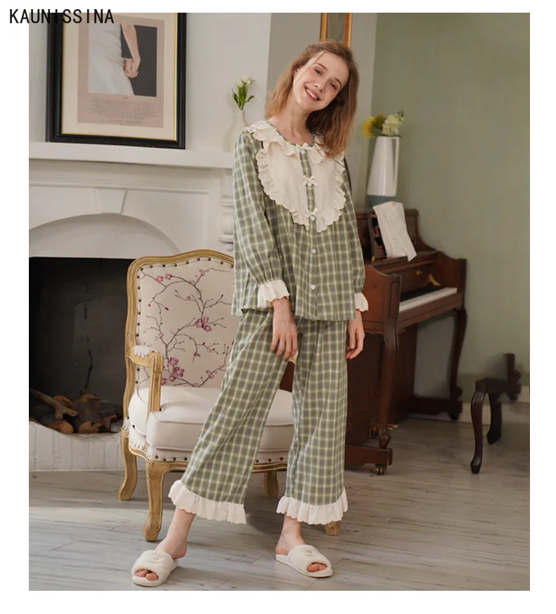 

Spring Autumn Women's Cotton Pajamas Sets Pink/Green Long Sleeve Vintage Elegant Sleepwear Sweet Lace Sleepwear Plaid Pyjamas