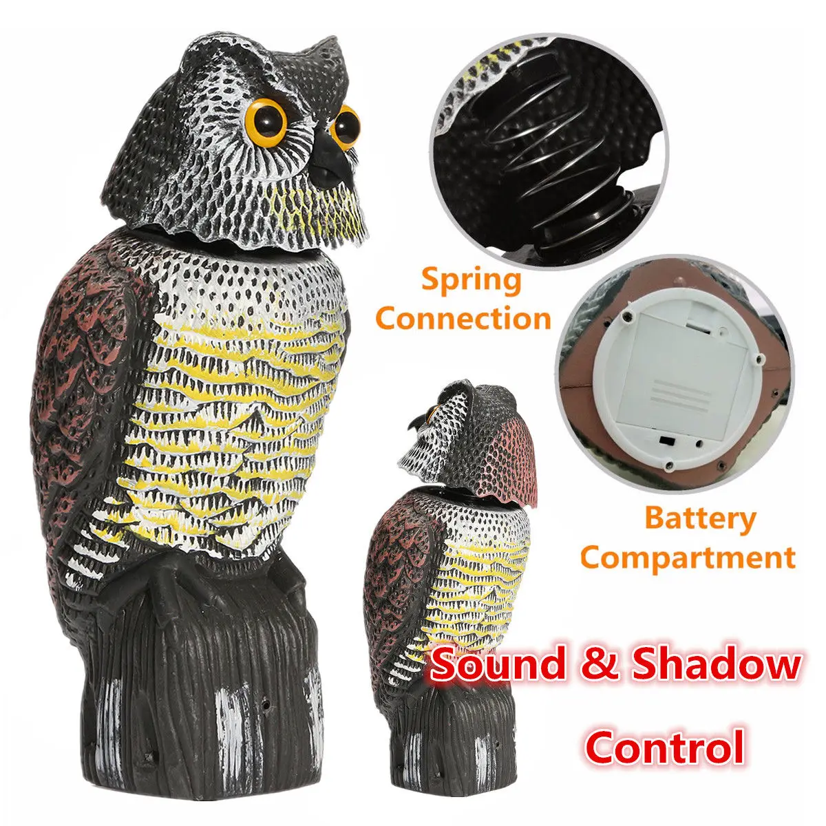 

Realistic Bird Scarer 360°Rotate Head Sound Owl Prowler Decoy Protection Repellent Pest Control Scarecrow Garden Yard