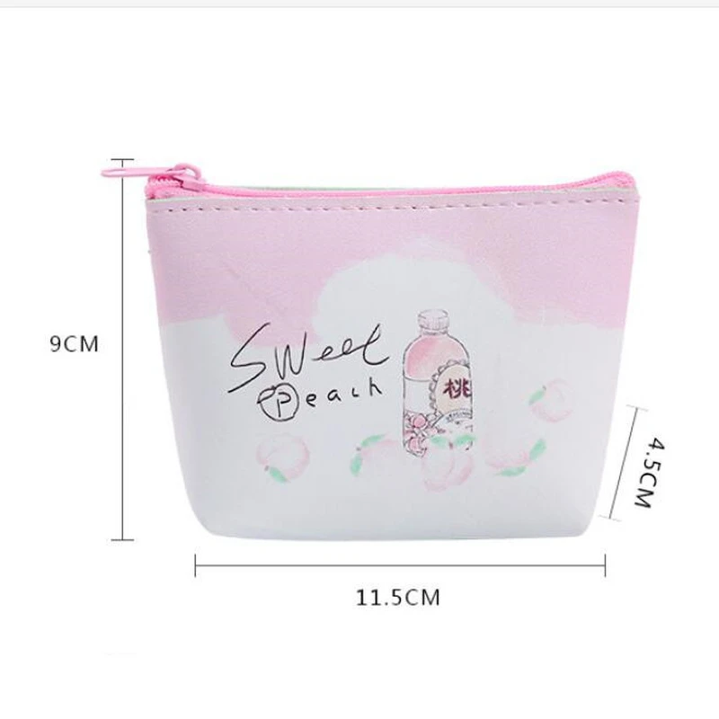 

1pc Pu Leather Pink Sweet Peach Women Purse Newly Lady Girls Fruit Pattern Coin Keys Holder Bag Wallet Earphone Package Box