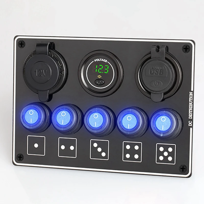 

5 Gang Rocker Switch Panel 4.2A Dual USB Slot Socket Digital Voltage Display for Marine Car Waterproof