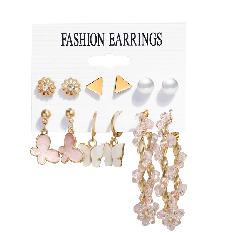

6 Pairs Crystal Butterfly Dangle Earrings Set Imitation Pearl Wrap Drop Earrings For Women Korean Jewelry