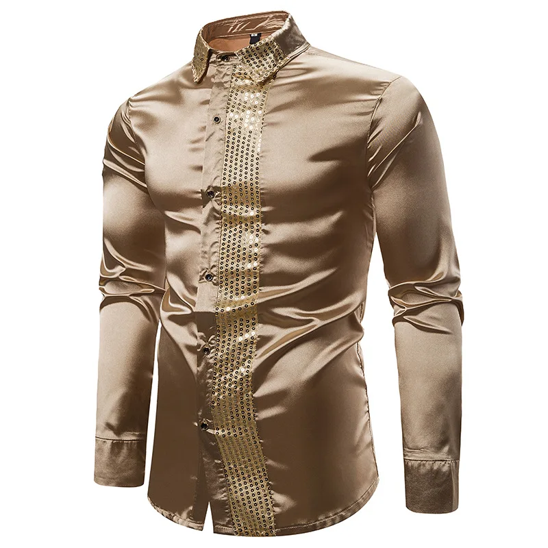 

Loldeal Mens Shiny Sequin Dress Shirt Satin Smooth Silk Men Tuxedo Shirts Wedding Prom Party