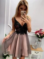 2022 short black lace sleeveless homecoming dresses knee length v neckline cocktail party gowns back out vestidos de noche