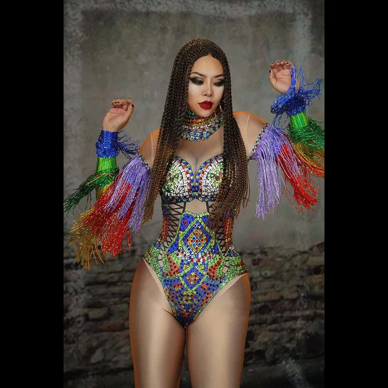 

Colorful rhinestone fringed elastic jumpsuit stage performance dress bar concert DJ singer/dancer costume