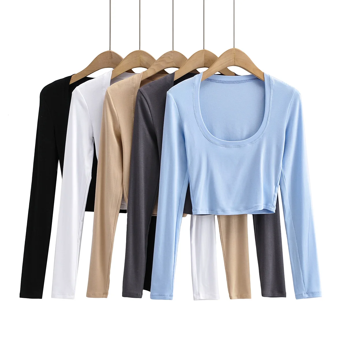 

Женский укороченный Топ с длинным рукавом, повседневный белый укороченный топ с глубоким u-образным вырезом, черный укороченный топ телесно...