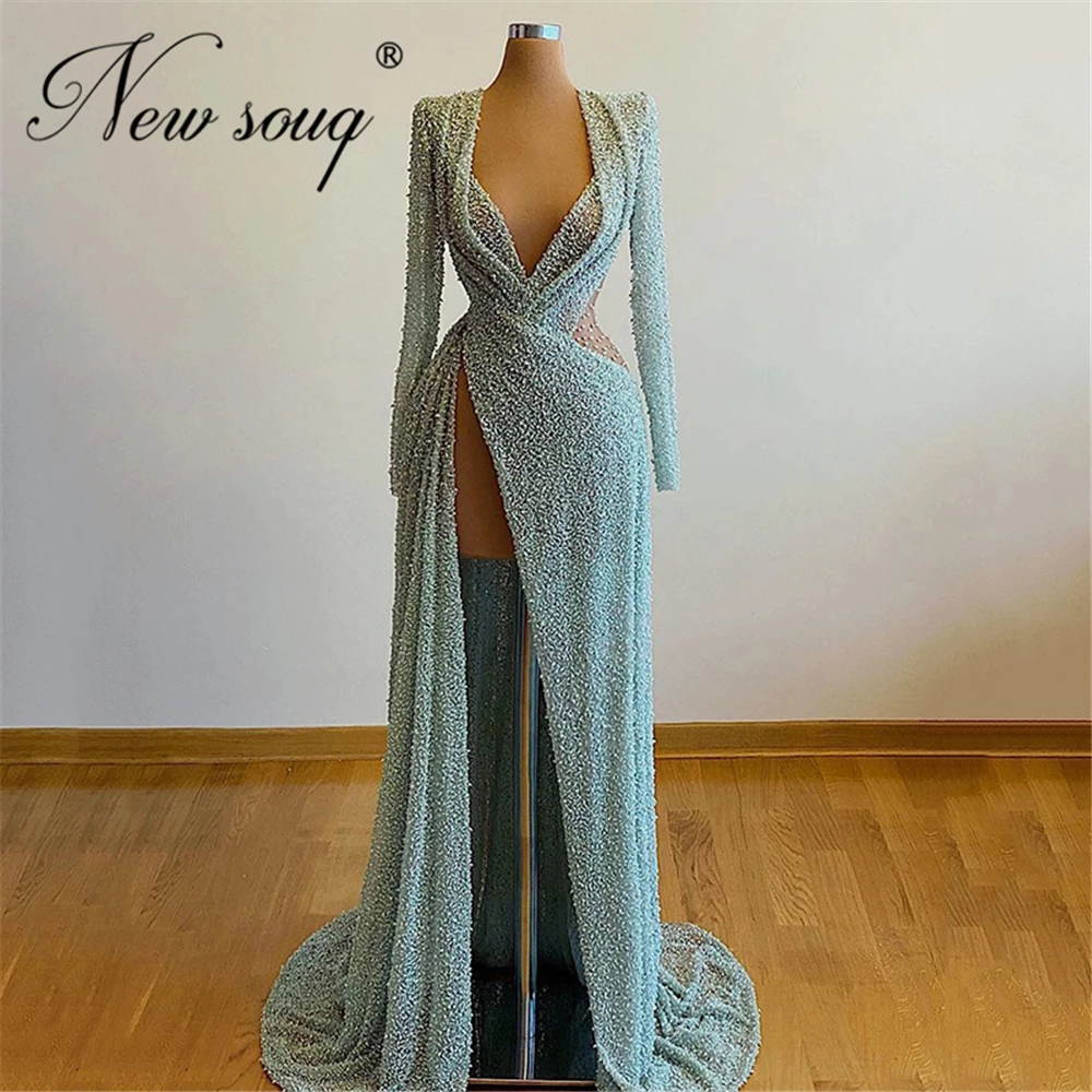 

Женское длинное вечернее платье, привлекательное синее платье с разрезом, бусинами и высоким разрезом, для выпускного вечера, 2022