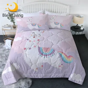 BlessLiving Alpaca Quilt Cover Set Llama Comforter Rainbow Tail Summer Bedspreads Cartoon Animal Colchas for Kids Cute Blanket 1